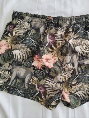 Aussie-Bum Lounge Swim Trunks with Tropical Floral Elephant Print - Olive Green